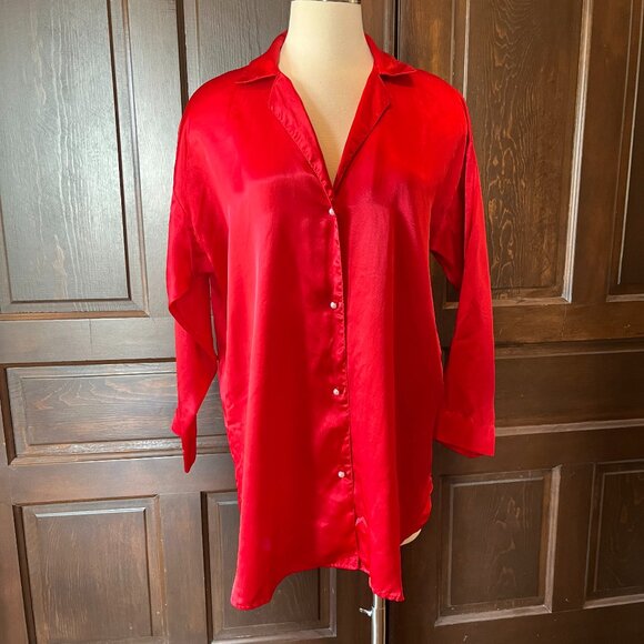 Victoria's Secret Red Satin Sleep Shirt Vintage Gold Label Pearl Buttons Size S - Picture 1 of 8